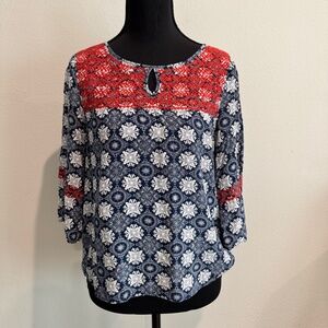 THML • 3/4 Sleeve Navy Patterned Blouse with Contrasting Red Embroidery • Small